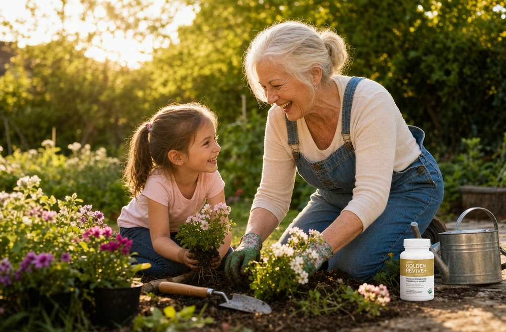 Detailed () lifestyle photograph of a joyful grandmother in her late 60s kneeling comfortably in a sunny garden, planting