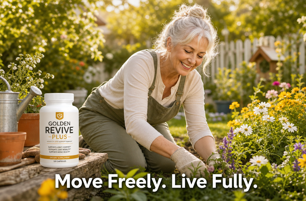 Detailed () lifestyle scene showing a joyful older woman in her late 60s gardening outdoors, kneeling comfortably in a