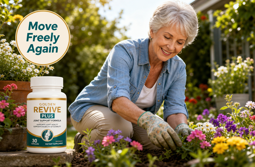 Detailed () lifestyle scene showing an active woman in her late 60s kneeling comfortably in a sunny garden, tending to