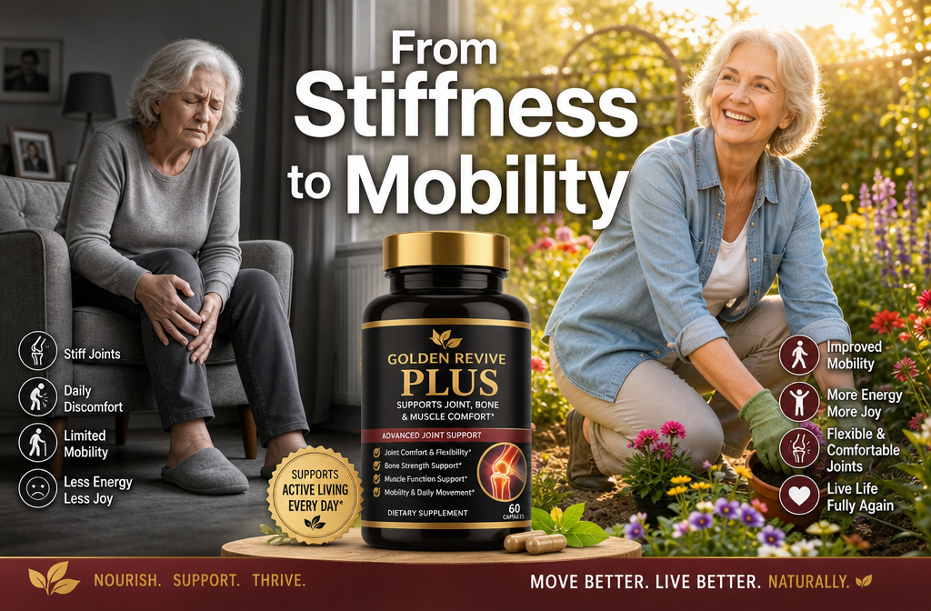 joint support supplements 3 Detailed () lifestyle transformation scene split into two halves: LEFT side shows an older woman (late 60s) sitting stiffly