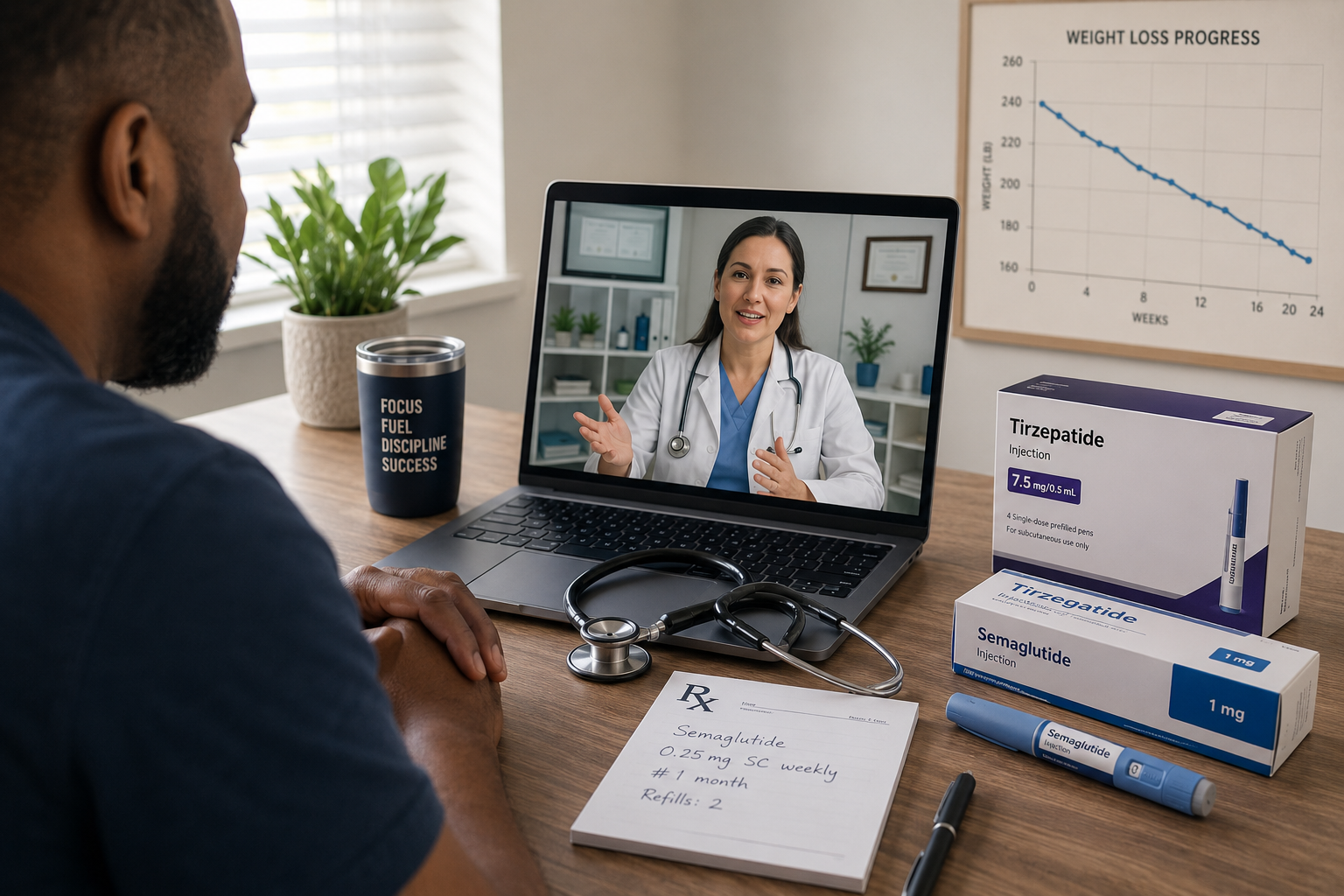 Detailed () medical consultation scene showing a diverse adult patient on a laptop screen video call with a telehealth