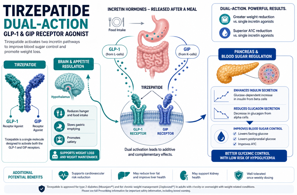Best tirzepatide provider 2 Detailed () medical infographic illustration showing a dual-action GLP-1 and GIP receptor diagram with labeled hormone