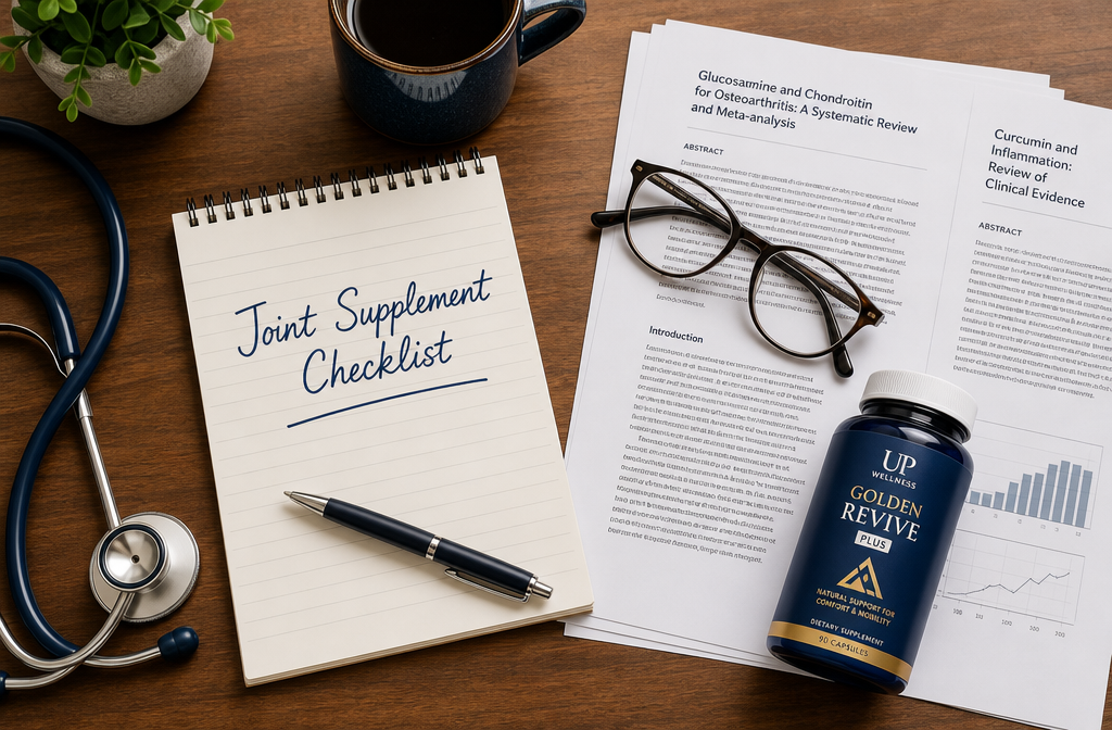 Detailed () overhead flat-lay image of a doctor's desk showing a notepad with handwritten text 'Joint Supplement Checklist',