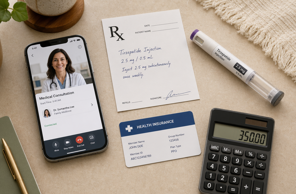 Best tirzepatide provider 3 Detailed () overhead flat-lay photo of a telehealth setup: a smartphone showing a medical consultation app, a prescription