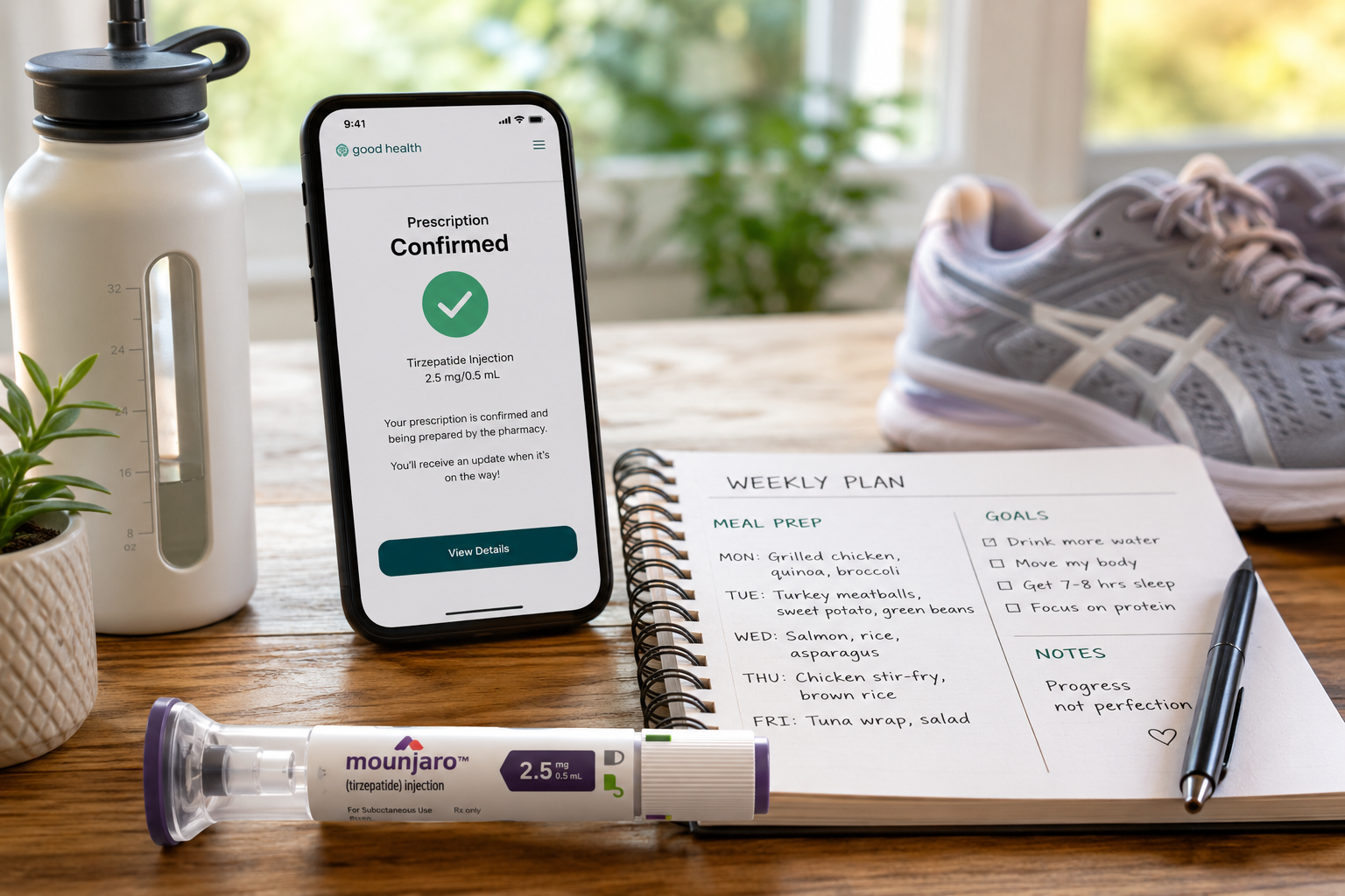 Detailed () realistic close-up scene of a tirzepatide auto-injector pen beside a weekly planner showing meal prep notes, a
