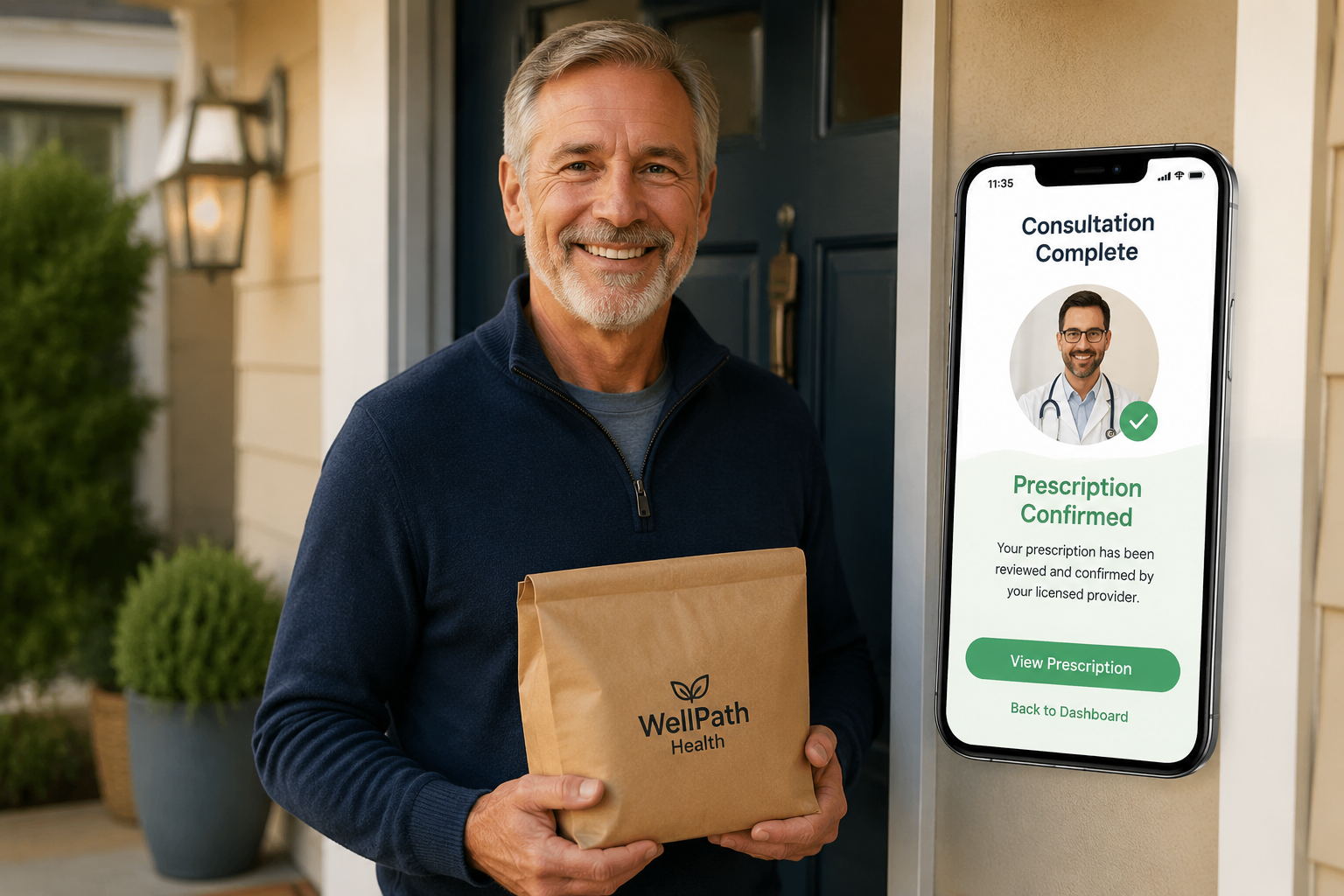 Detailed () scene showing a mature man in his late 50s confidently smiling while holding a discreet brown kraft paper