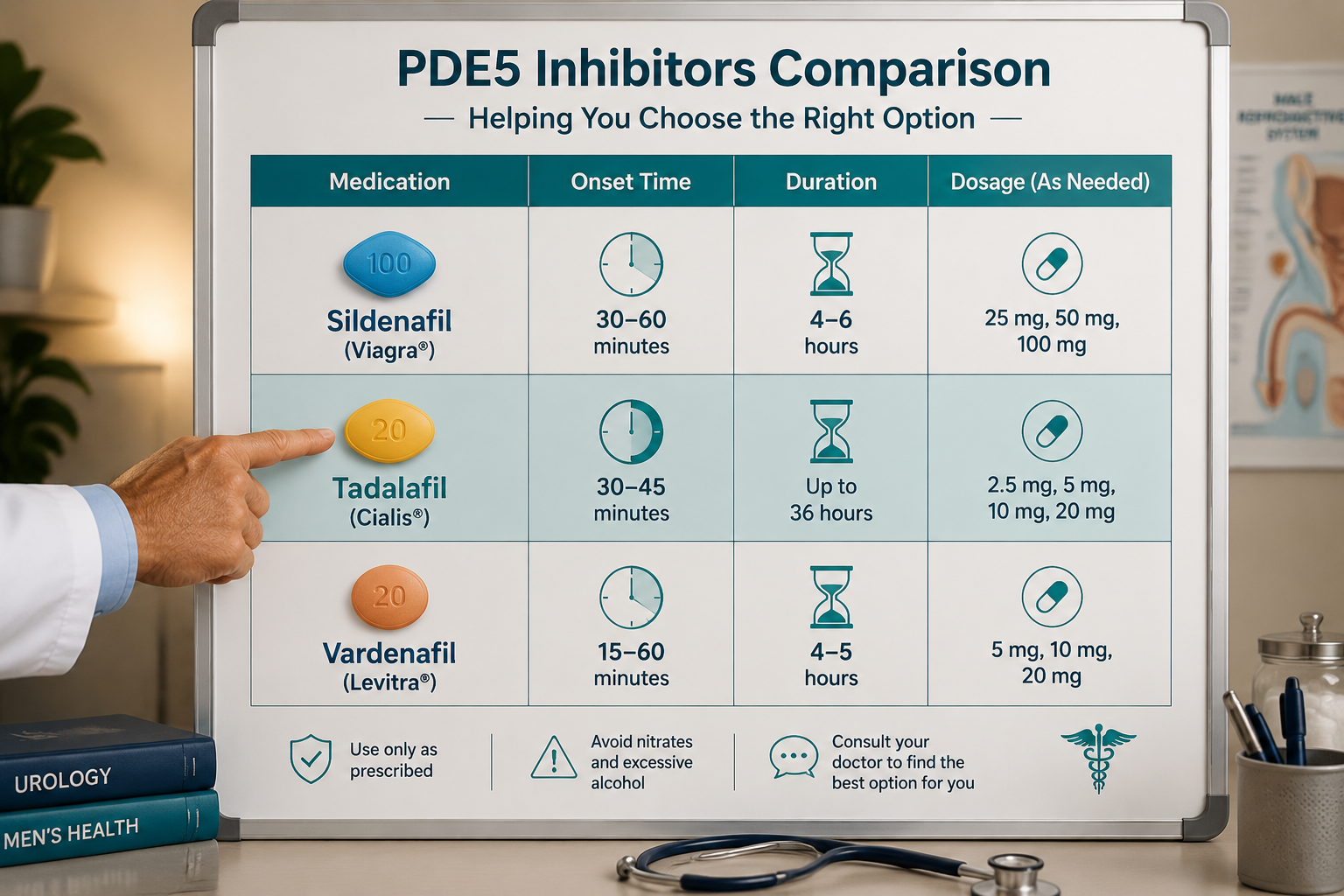 Detailed () showing a clean clinical-style medication comparison table rendered as a physical poster or whiteboard,
