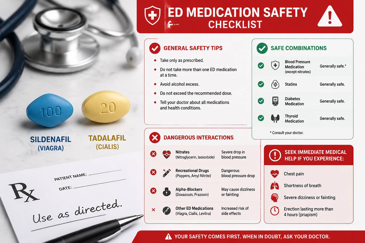 tadalafil and sildenafil combination review 3 Detailed () showing a close-up of two different ED medication tablets side by side on a clean surface with a stethoscope and