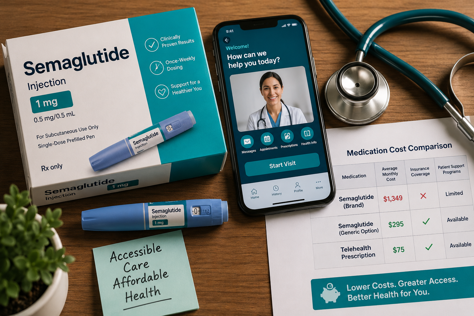 Detailed () showing a close-up overhead flat-lay of a prescription medication package labeled 'Semaglutide' next to a