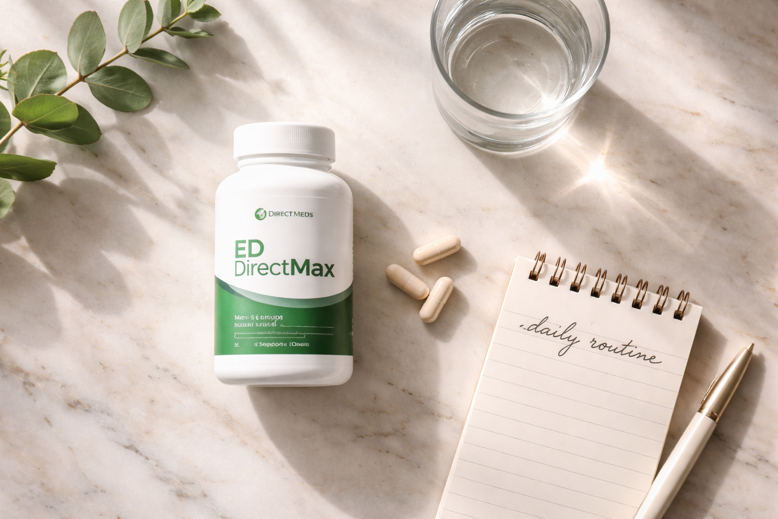 Detailed () showing a close-up top-down flat lay of a discreet white supplement bottle labeled 'Direct Meds ED DirectMax' on