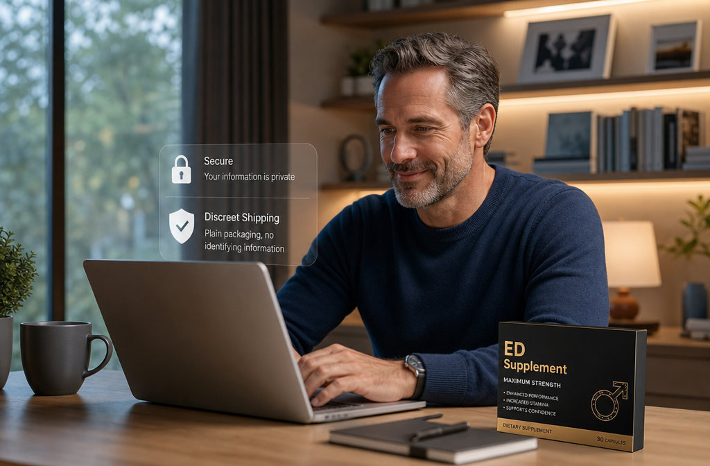Detailed () showing a confident man in his 50s in a modern home office, relaxed and smiling at his laptop screen while