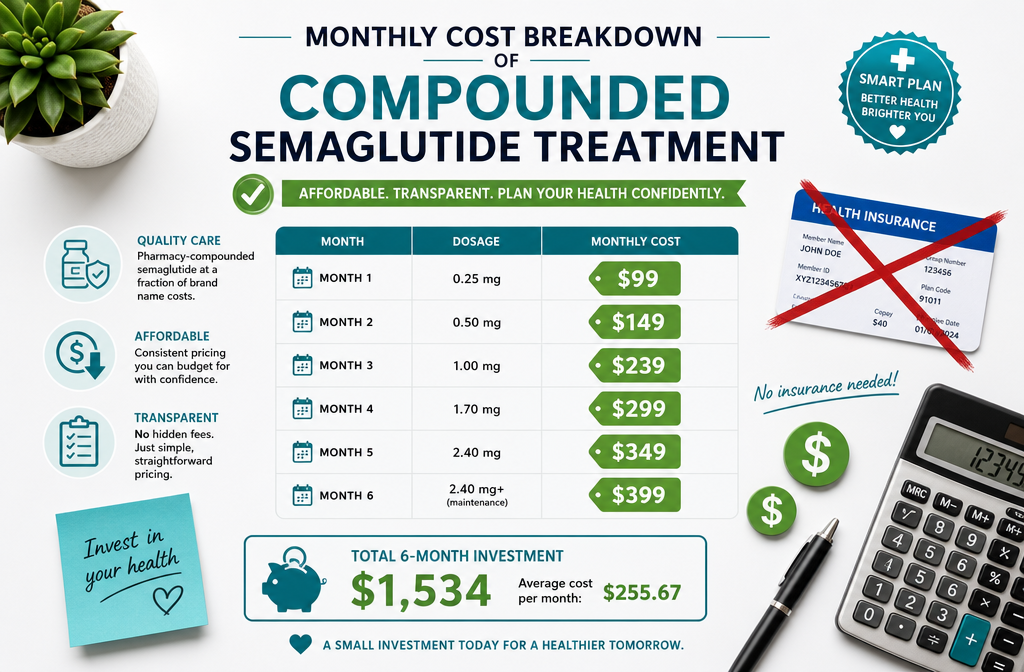 Detailed () showing a flat-lay overhead shot of a monthly cost breakdown infographic for compounded semaglutide treatment,