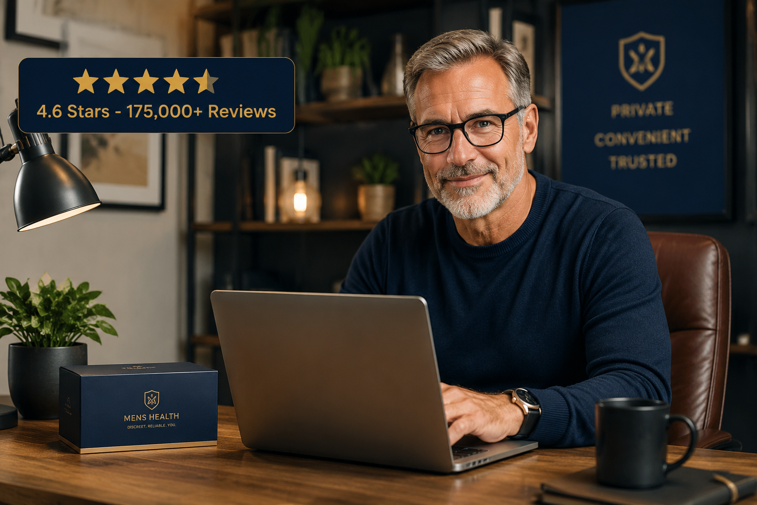 directmax erectile dysfunction reviews 2 Detailed () showing a mature confident man in his 50s sitting at a laptop in a home office, discreet small package on desk