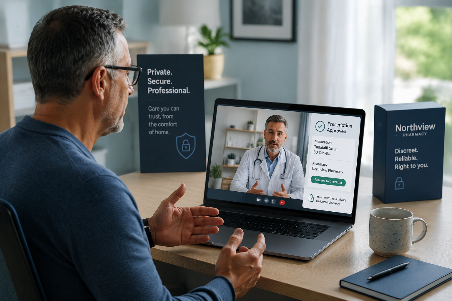 tadalafil and sildenafil combination review 2 Detailed () showing a mature man in his 50s speaking confidently with a doctor in a modern telehealth setting, laptop open