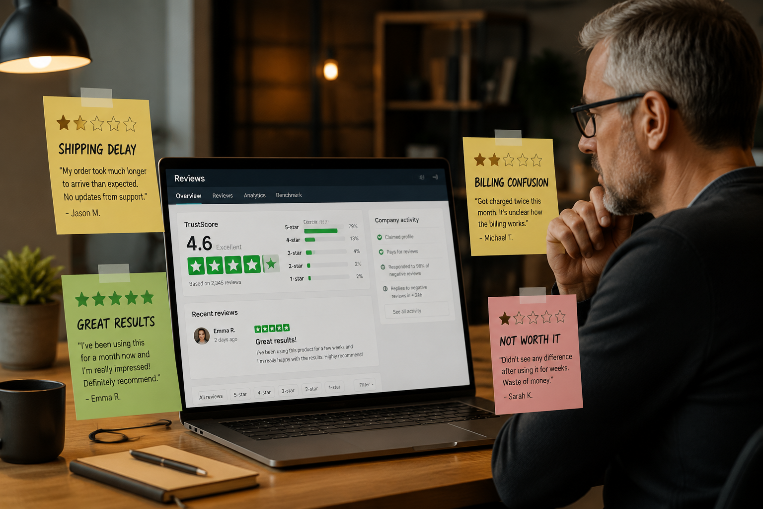 Detailed () showing a realistic consumer review dashboard mockup: Trustpilot-style star ratings displayed on a laptop