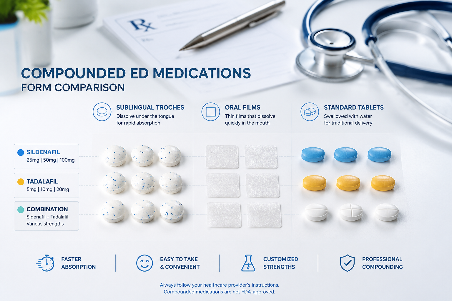 best compounded ed medication online 2 Detailed () showing a side-by-side comparison infographic of compounded ED medication forms: sublingual troches, oral films,