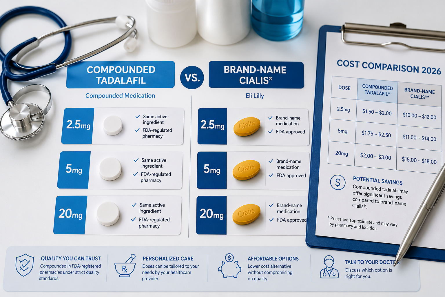 Detailed () showing a side-by-side comparison infographic of compounded tadalafil vs brand-name Cialis tablets on a clean