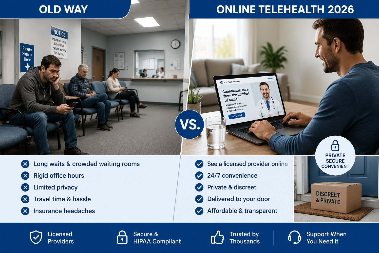 Detailed () showing a split comparison infographic panel: left side depicts a traditional clinic waiting room with