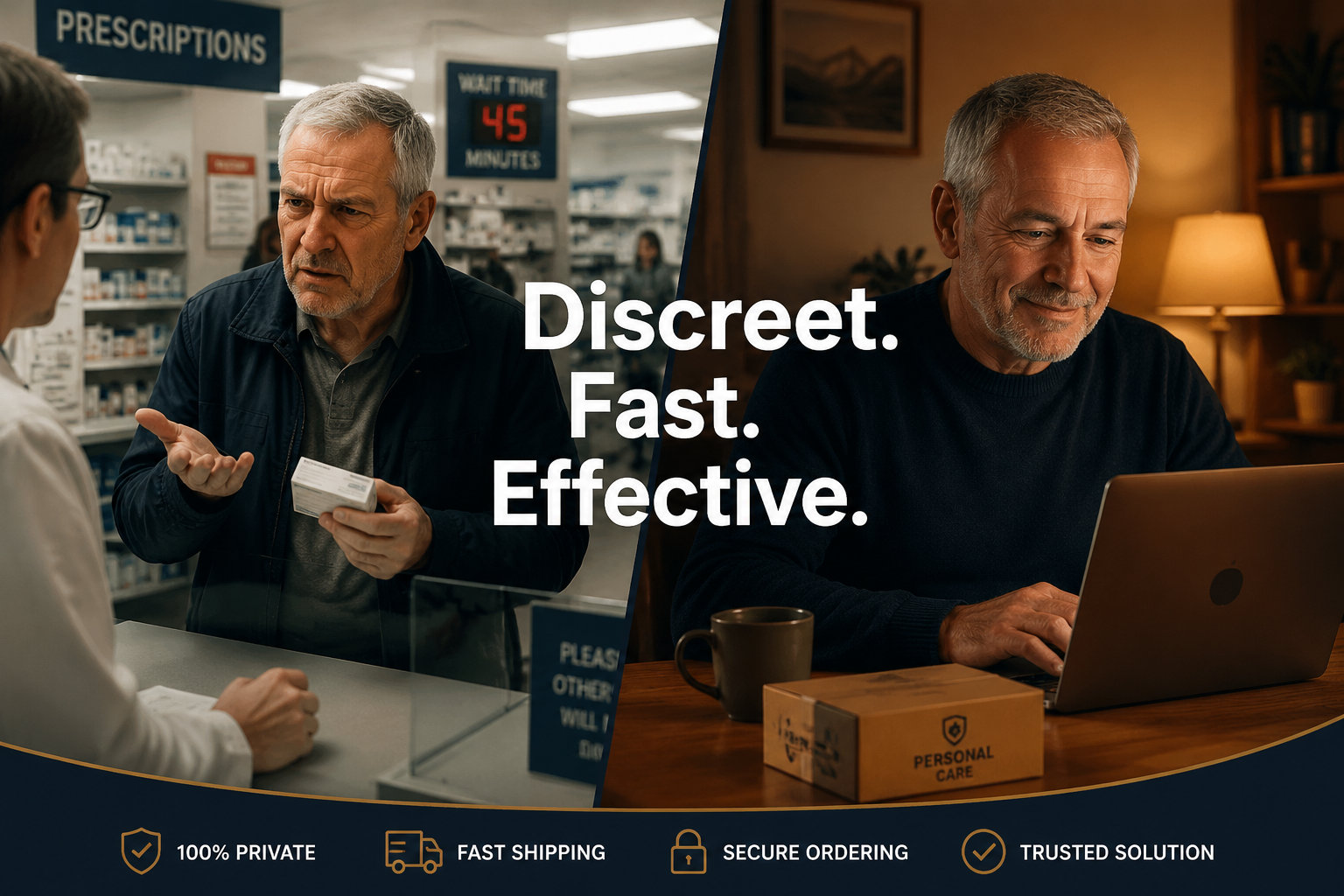 best ed medication better than bluechew 1 Detailed () showing a split-scene composition: left side depicts a man in his late 50s looking frustrated at a pharmacy