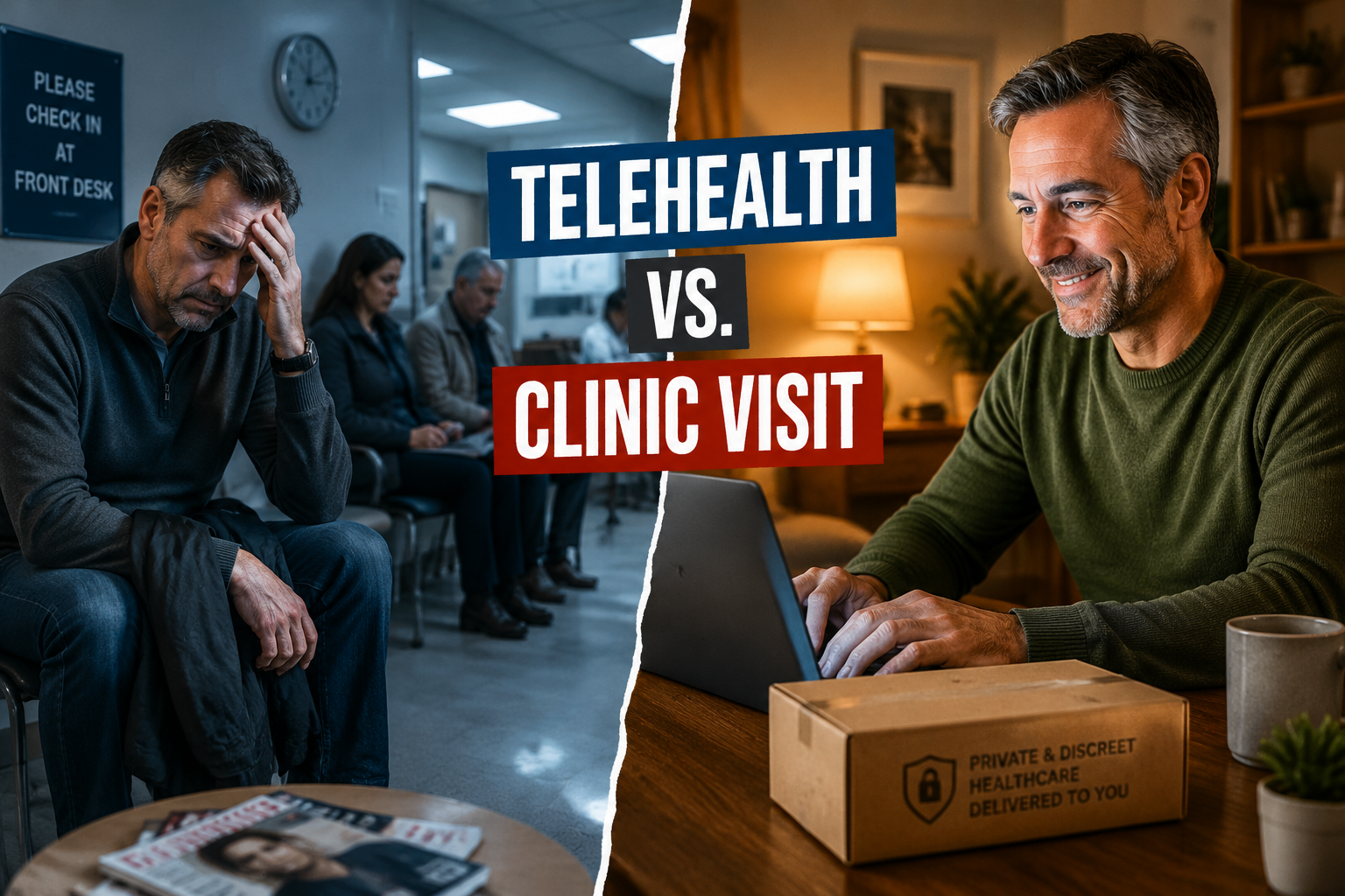 fast acting ed medication online 2 Detailed () showing a split-scene: left side depicts a man in his 50s sitting in a clinic waiting room looking uncomfortable