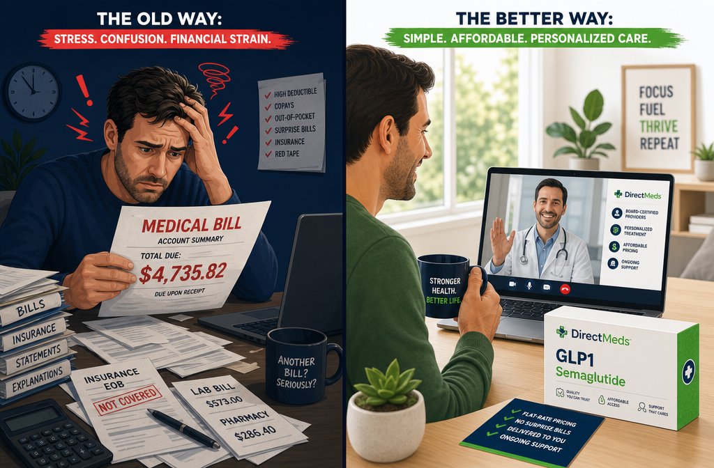 Detailed () showing a split-screen concept: left side a frustrated person reviewing a high medical bill, right side a