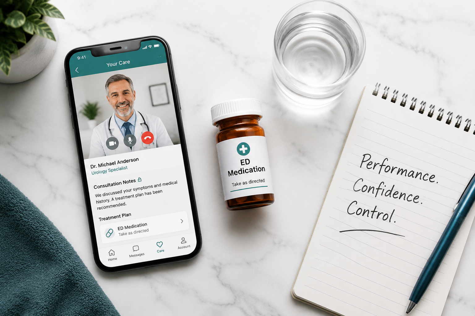 best ed medication better than bluechew 2 Detailed () showing a top-down flat lay of a smartphone displaying a telehealth consultation interface, a small amber