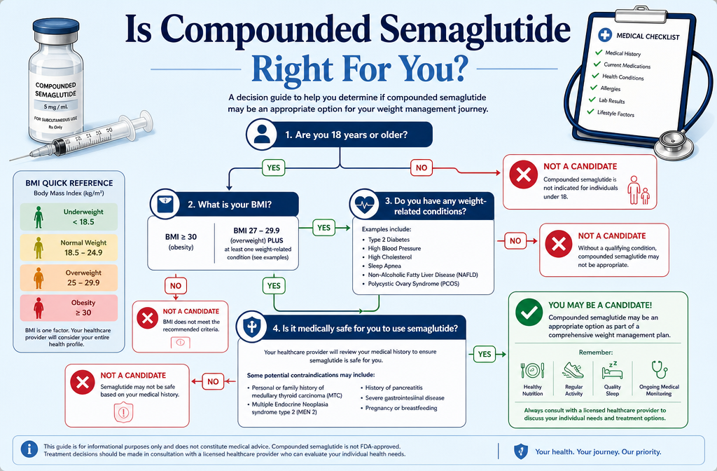 Detailed () showing a visual decision flowchart graphic: 'Is Compounded Semaglutide Right For You?' with branching yes/no