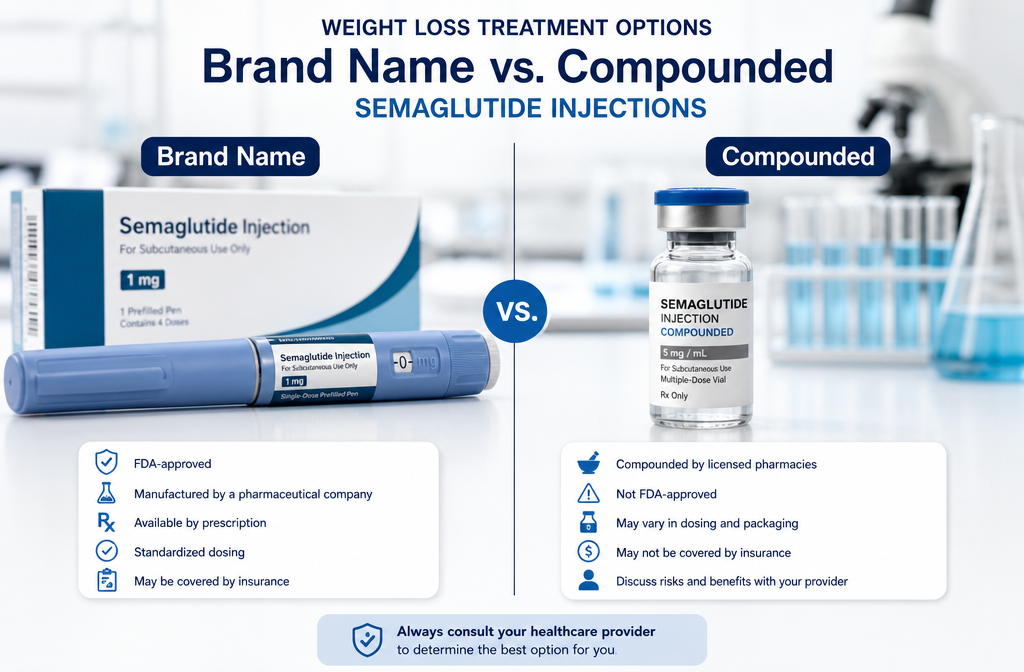 Detailed () showing side-by-side comparison of a branded Ozempic pen versus a compounded semaglutide vial on a clean white
