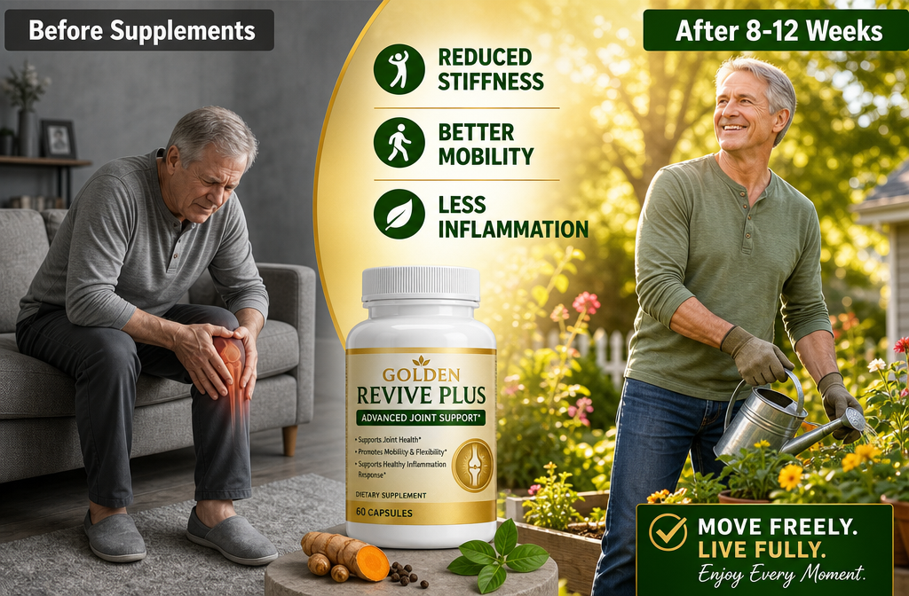 joint and muscle support supplements 2 Detailed () side-by-side comparison infographic showing two scenarios: LEFT side shows a stiff, hunched older adult (60s)