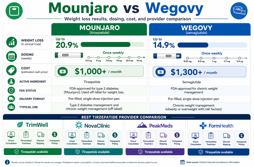 Best tirzepatide provider 4 Detailed () side-by-side comparison table graphic showing Mounjaro vs Wegovy weight loss results, with percentage weight
