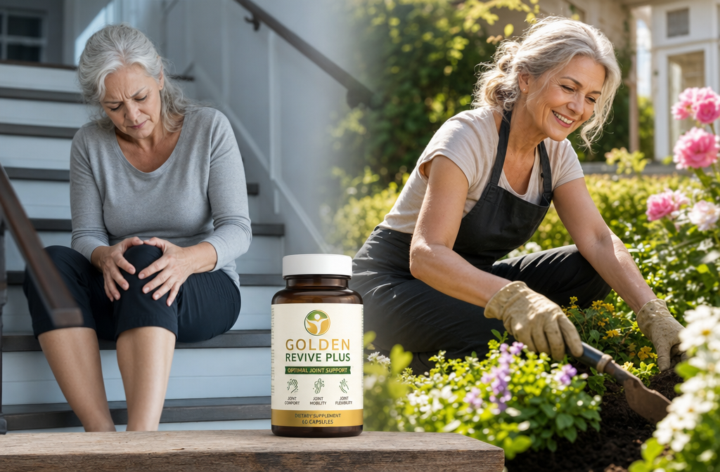 Detailed () split-composition image: left side shows a frustrated older woman (60s) sitting on stairs holding her knee in