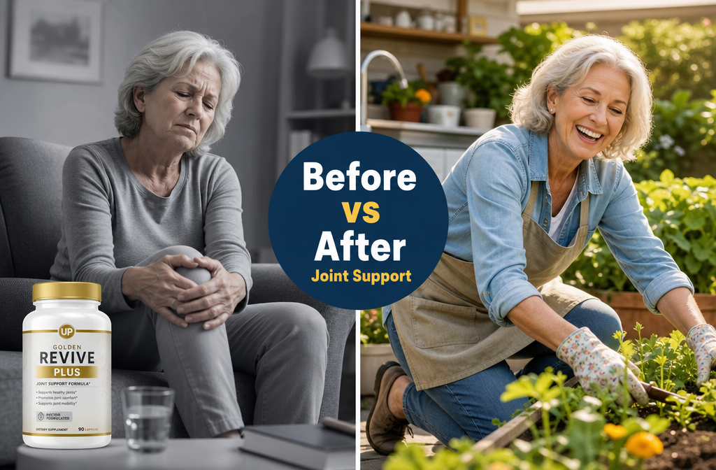 vitamins for joint pain 2 Detailed () split-scene comparison image: LEFT side shows a gray-toned, slightly blurred older woman (60s) sitting stiffly