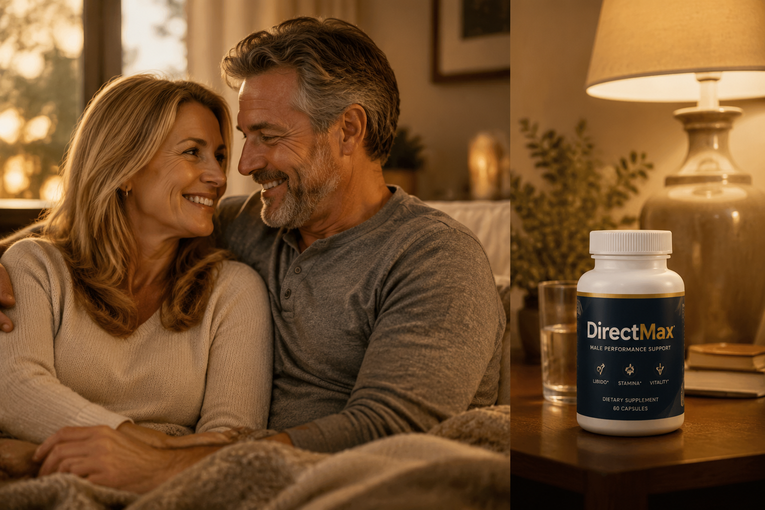 Detailed () split-scene image: left side shows a couple in their 50s sharing a warm, intimate moment on a couch, smiling and