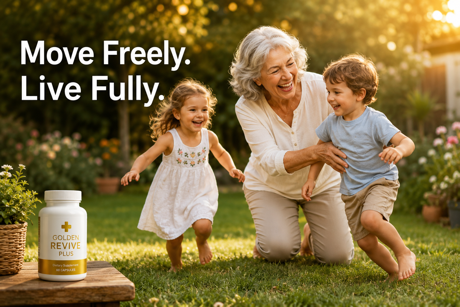 joint and muscle support supplements 3 Detailed () warm lifestyle photograph of a happy grandmother in her late 60s kneeling comfortably on green grass, laughing