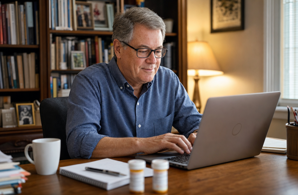 Ro vs Henry Meds 4 Mature man over 50 sitting comfortably at home desk completing an online medical questionnaire on a laptop, reading glasses