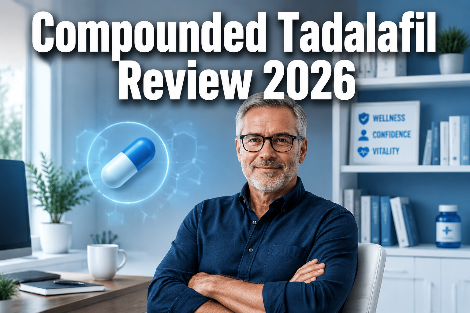 Professional () hero image with : 'Compounded Tadalafil Review 2026' in extra large white with dark drop , centered upper