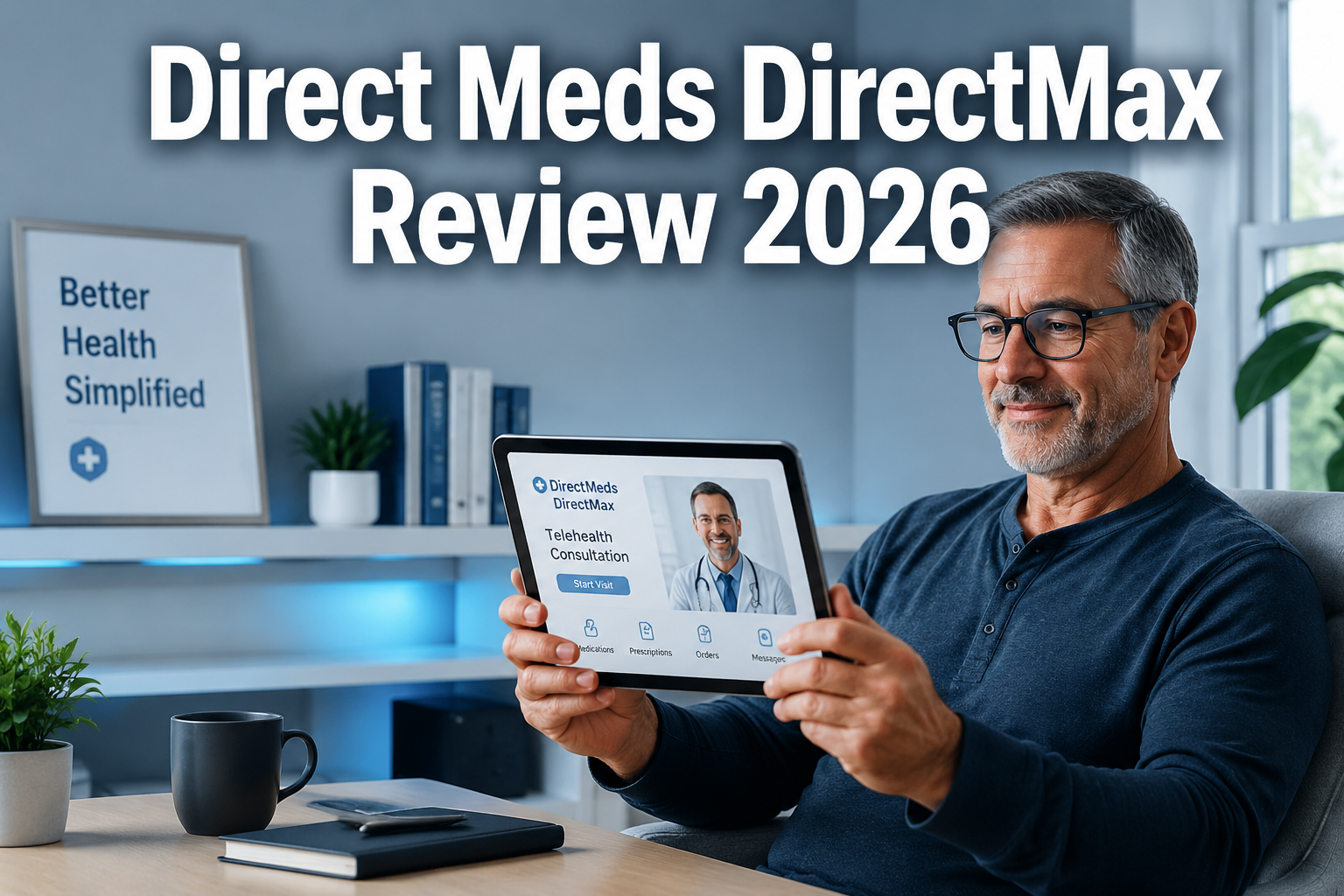 Professional () hero image with : 'Direct Meds DirectMax Review 2026' in extra large white with dark drop , centered