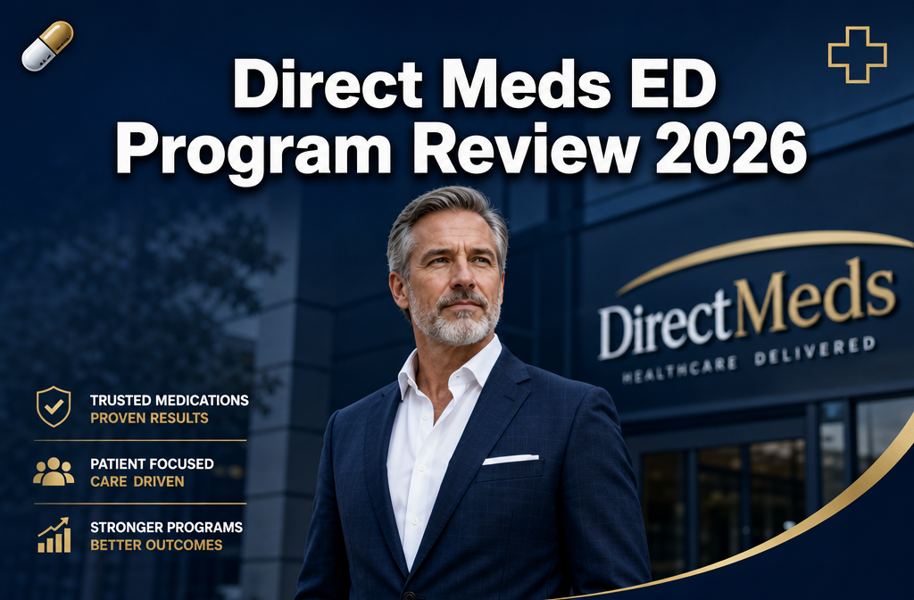 direct meds erectile dysfunction program review 1 Professional () hero image with : 'Direct Meds ED Program Review 2026' in extra large white with dark drop , centered