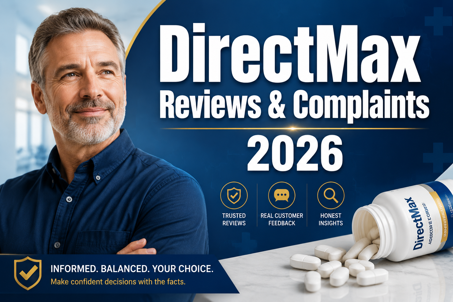 Professional () hero image with : 'DirectMax Reviews & Complaints 2026' in extra large white with dark drop , centered