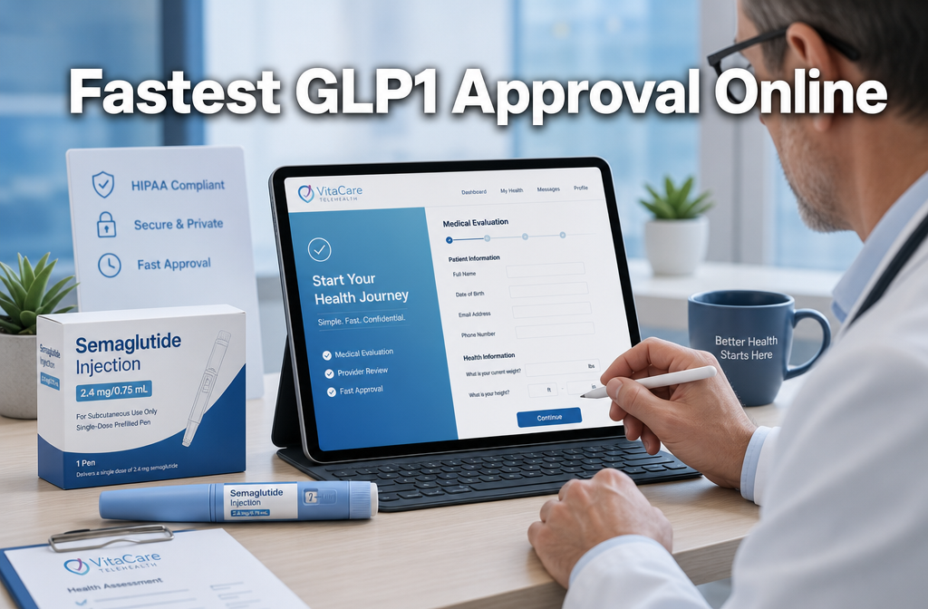 Professional () hero image with : 'Fastest GLP1 Approval Online' in extra large white with dark drop , centered upper third.