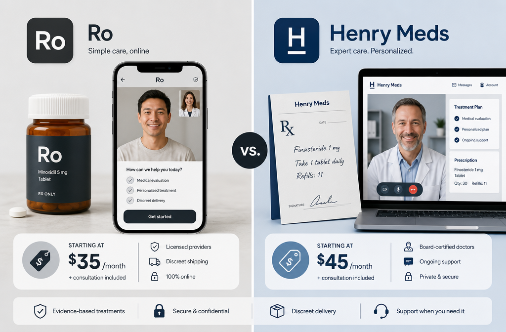 Ro vs Henry Meds 1 Split-screen infographic comparing Ro and Henry Meds telehealth platforms, left side showing Ro logo area with pill bottle