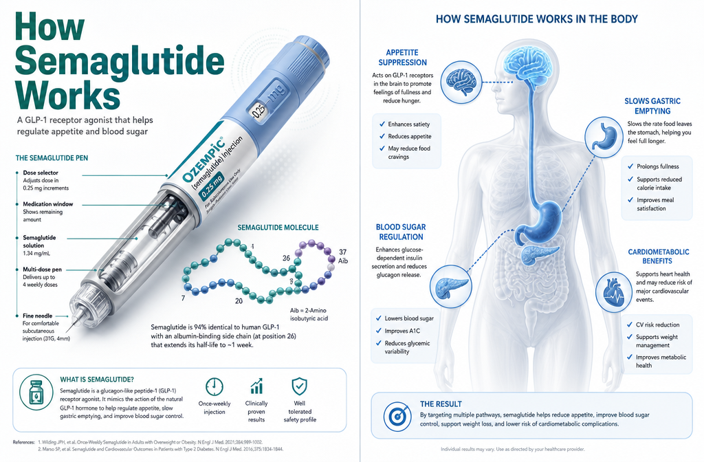 Best semaglutide telehealth 1 Wide-angle landscape () showing a split-screen infographic: left side displays a GLP-1 semaglutide injection pen with