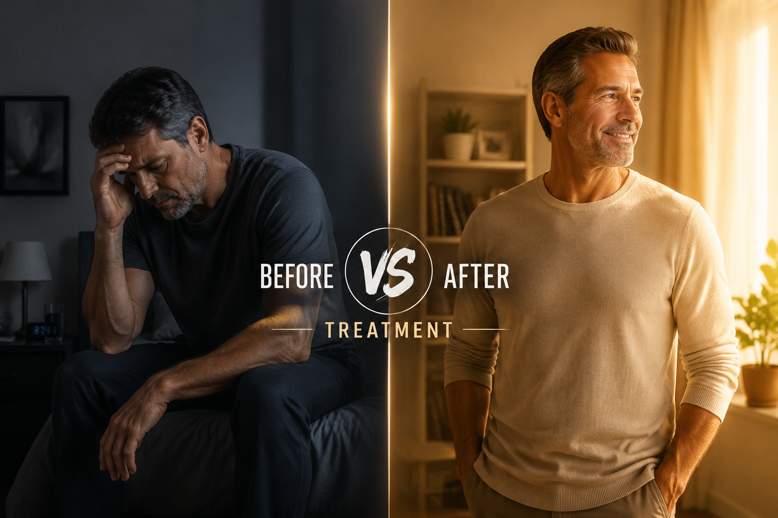 Wide () split-scene image: left side shows a stressed man sitting on bed edge in dim lighting representing performance