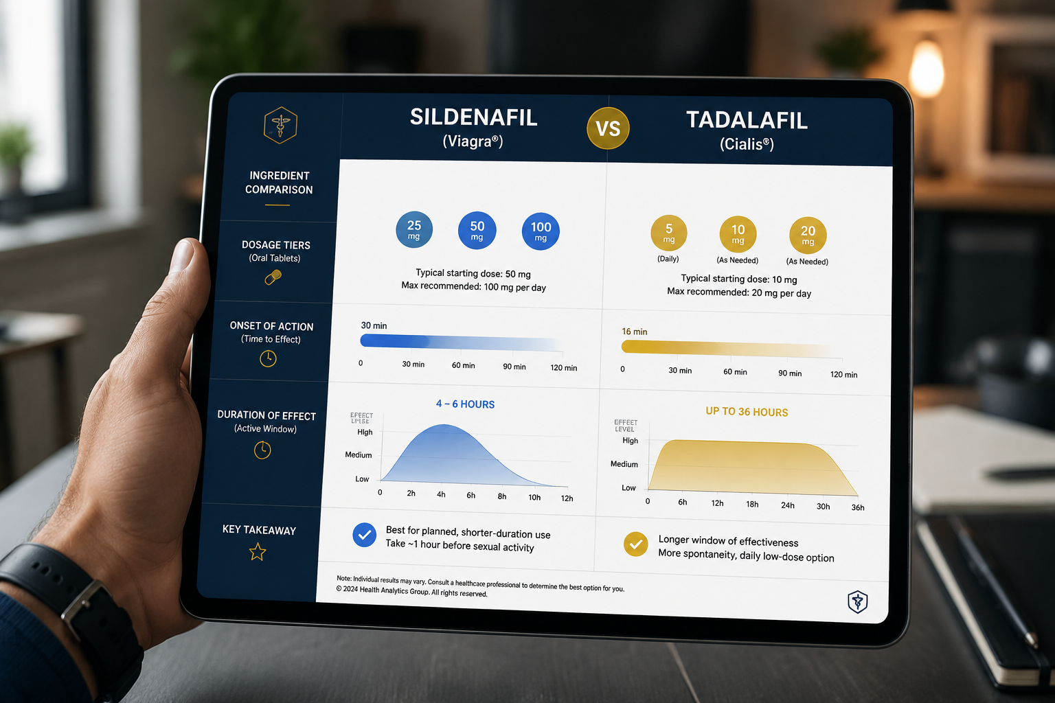bluechew vs directmax comparison 3 () clinical-style ingredient comparison chart displayed on a sleek tablet screen held by a male hand, showing sildenafil vs