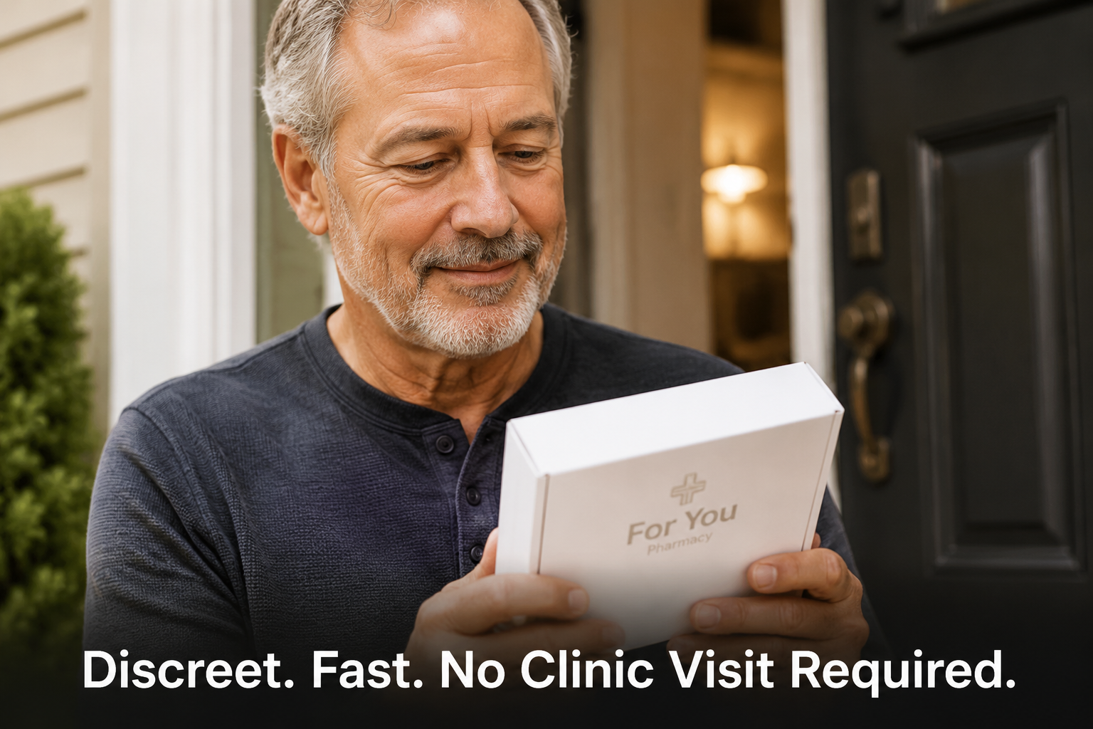 () close-up editorial photo of a man in his late 50s reviewing a discreet white medication package delivered to his front