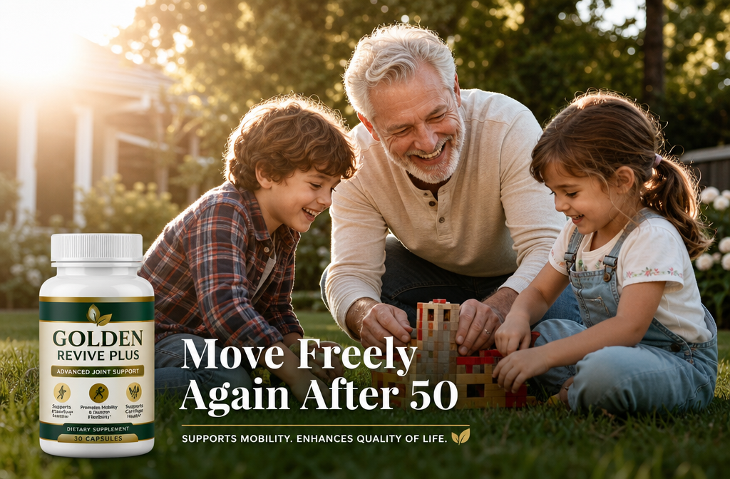 vitamins for knee joint pain 3 () close-up editorial photo of a smiling grandfather in his 60s kneeling comfortably on green grass playing with two young