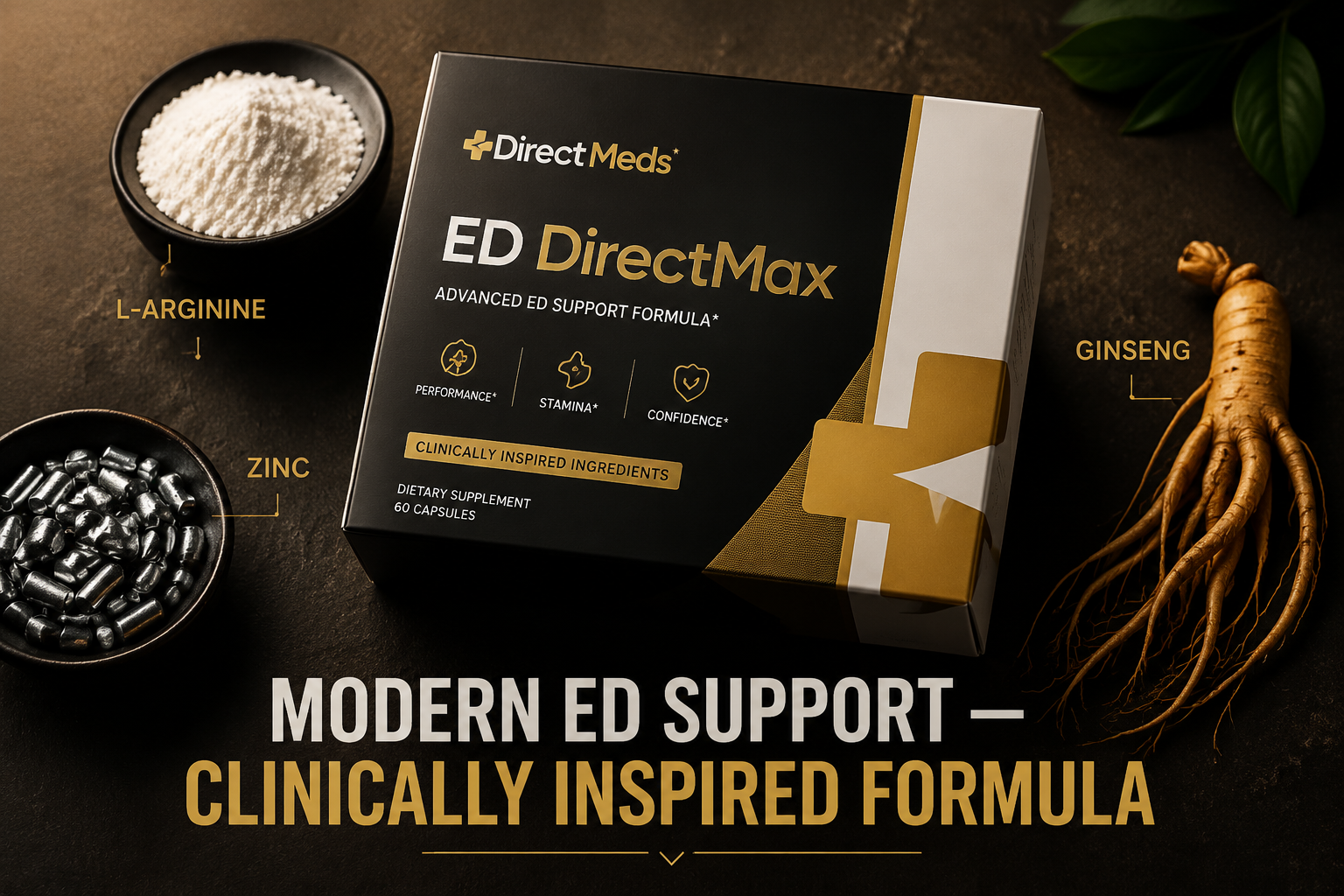 () close-up flat lay of a sleek modern supplement box labeled 'Direct Meds ED DirectMax' on a dark slate surface, surrounded