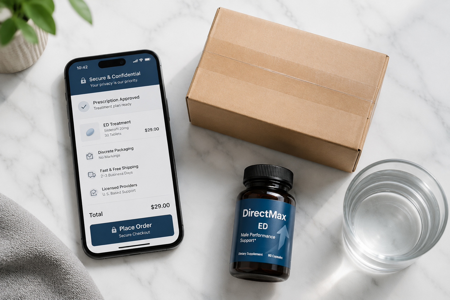 () close-up flat-lay of a smartphone displaying a discreet online ED medication ordering screen, next to a plain unmarked