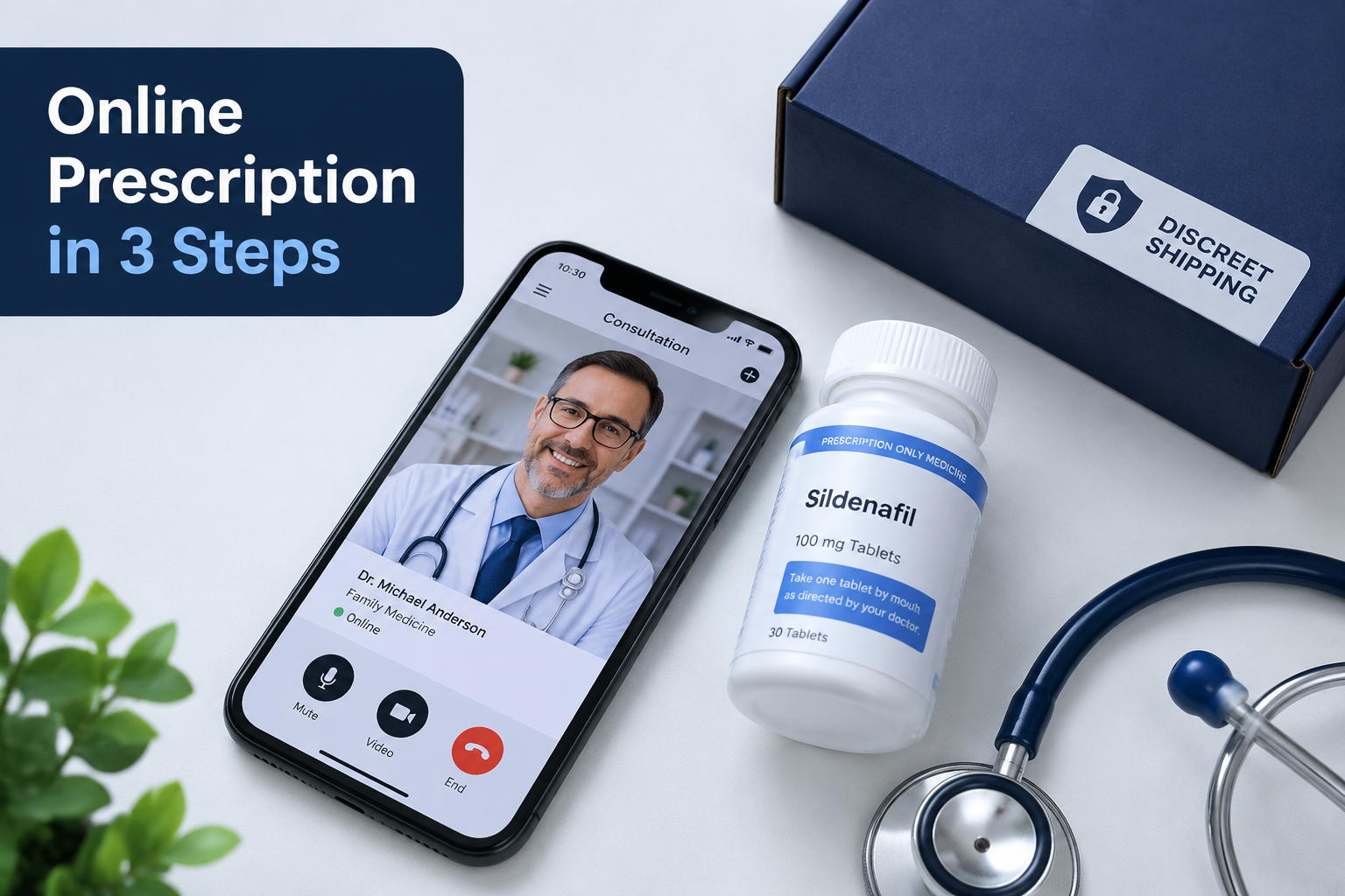 () close-up flat-lay photograph of a smartphone displaying a telehealth consultation screen, a prescription bottle labeled