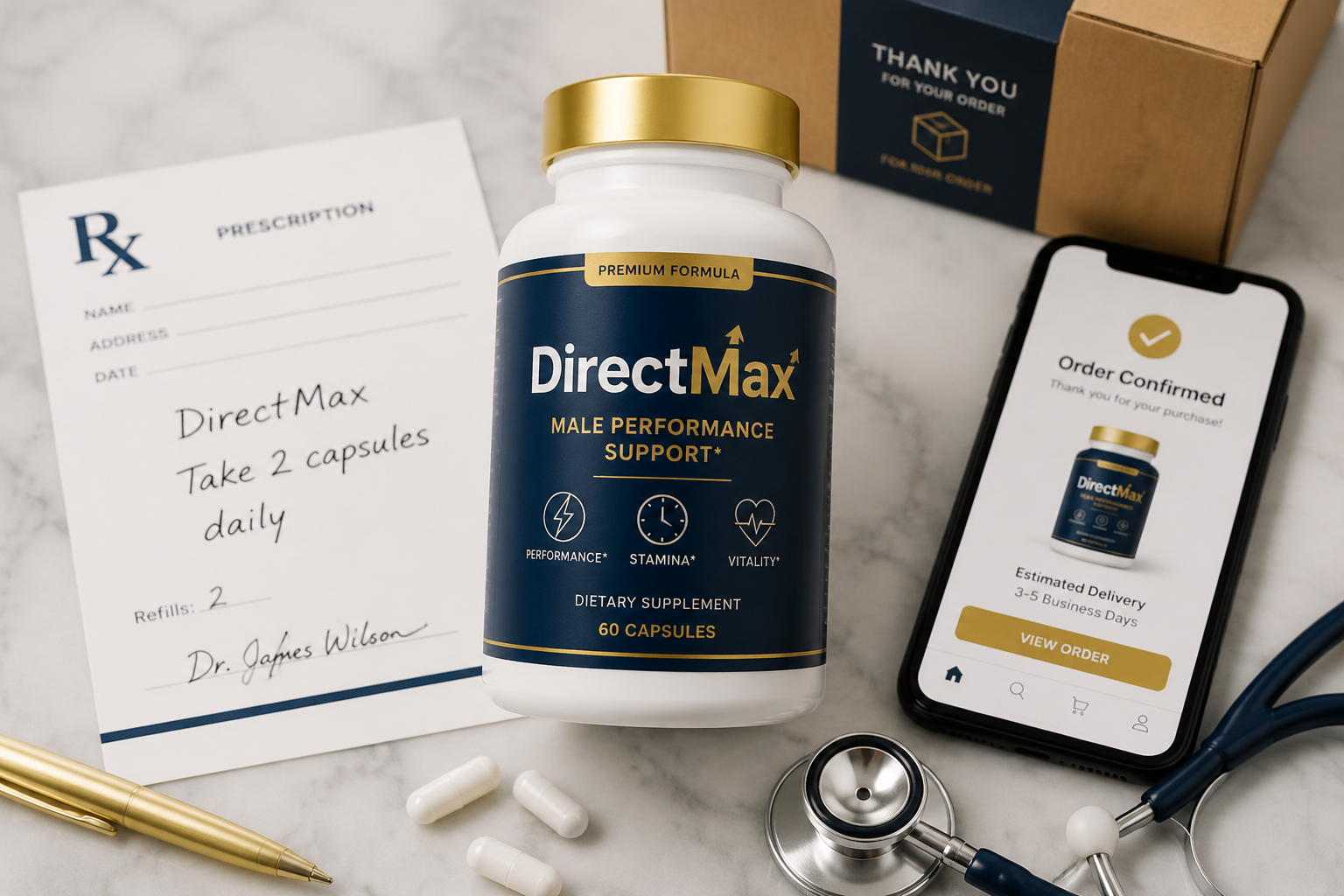 direct meds erectile dysfunction program review 3 () close-up flat-lay product photography concept showing a sleek modern supplement bottle labeled DirectMax on a clean white
